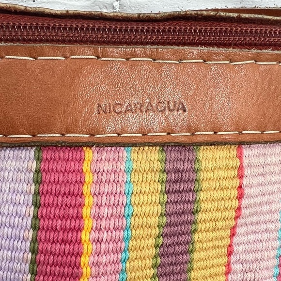 MALINCHE Crossbody Purse Tan Leather with Colorful Pastel Cloth Panel - Picture 12 of 13